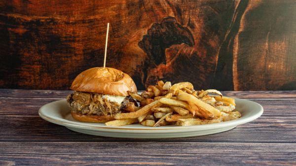 CHEESEBURGER - roasted garlic aioli, caramelized onions, gouda, house cut fries