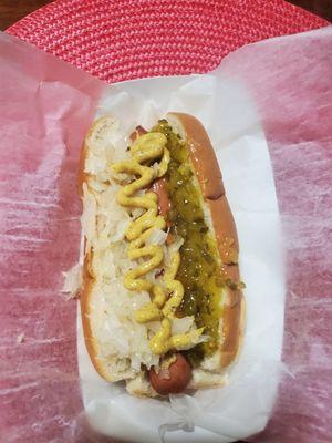 All Beef Hot Dog with Sweet Relish, Saurkraut & Mustard