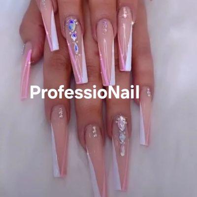 Coffin shaped acrylic nails with 2 tone French design and swarovski crystal embellishments