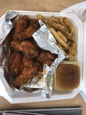 Homestyle wings tossed in lemon pepper. Meal came with a drink (good ice) and fries. Roll comes with the meal too.