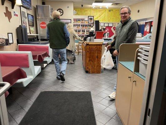 Walk up to counter and order, happy people calling in and picking up dinner.