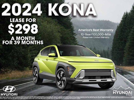 Now is the time to lease the all new 2024 
Hyundai Kona for only $298 a month! See dealer for details.