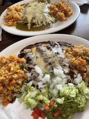 Poblano mole enchiladas and green enchiladas. The sauce is homemade and so good.