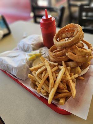 Bacon cheese burger w/fries and a Patty Melt w/onion rings.