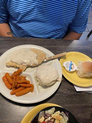 Chicken cutlet special w/glazed carrots, mash potatoes, and a roll