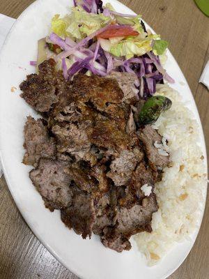 Lunch special doner sandwich with rice and salad; nice crispy bits that go well with the rice. Preferred that over the bread. Great deal