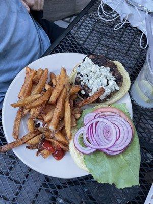 Burger with blue cheese and fries