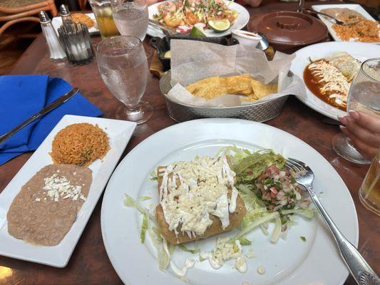 shredded beef chimichangas, veggie enchiladas i think & fish tacos