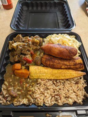 Curried Goat, Red Beans and Rice, Cabbage, Dumpling