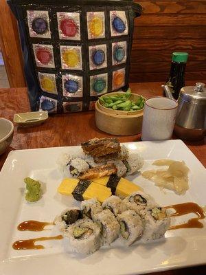 Salmon skin roll, tamago, unagi cucumber. Beautiful presentation. Generous salmon skin.