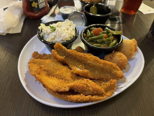 Southern fried catfish, southern green beans and creamy cole slaw with yummy hush puppies!