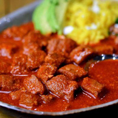 Pork Meat with Red Chile, Rice and Beans.