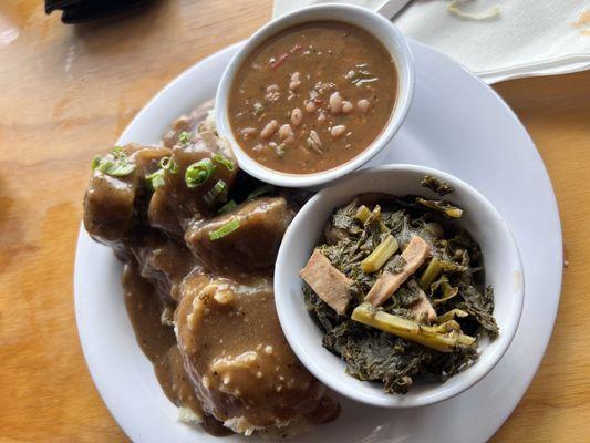 Smothered Oxtails Greens Baked Beans Mashed Potatoes Gravy