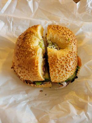 Lox and cream cheese, on sesame bagel