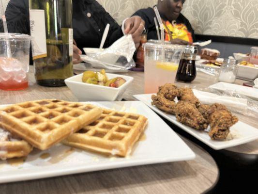 Chicken and waffles  Fried potatoes  Watermelon strawberry lemonade