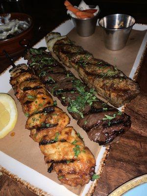 Kabobs chicken salmon and skirt steak