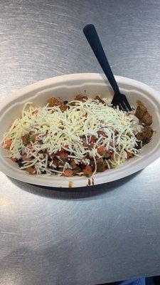 White rice, black beans, steak, mild, cheese bowl