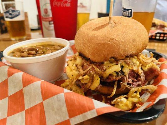 Mac & Pork Sandwich and Beans.