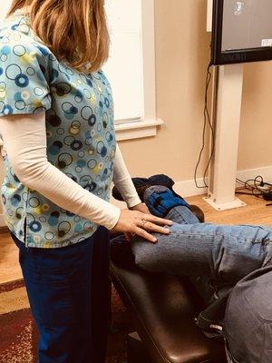 Carol, our amazing Physical Therapist is helping a patient to move better and more mindfully.  If you have an injury PLEASE call us today!