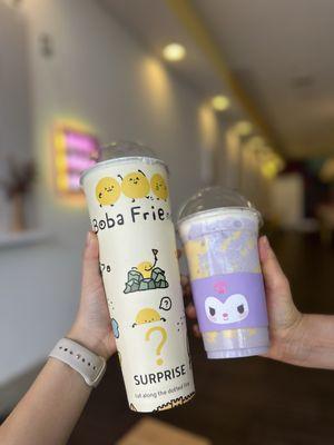 Surprise cup with strawberry matcha latte and kuromi taro cookie tornado