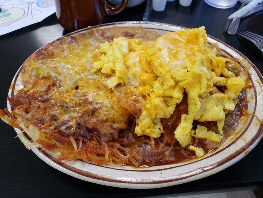 Chicken Enchiladas with Two Eggs and Cheese, Christmas Style