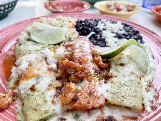 Tres Enchiladas - 1 crawfish, 1 shrimp, 1 crab.