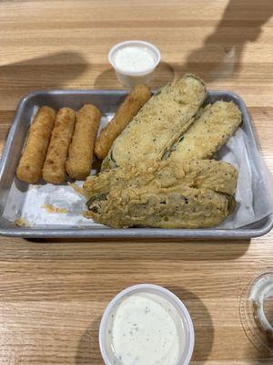 Pick 2 appetizer- mozzarella sticks and fried pickles