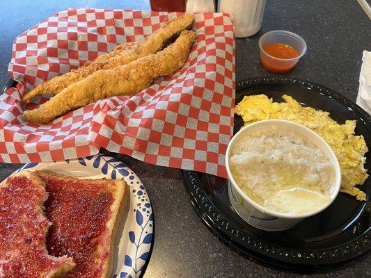 Whiting and eggs, grits, toast