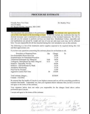 Invoice of estimated costs for a preventative care nail trim.