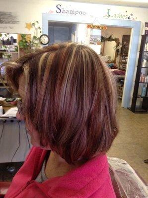 Blonde, chocolate brown and red highlights