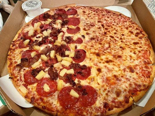 Large Thin Crust, Half Cheese, Half Pepperoni, Pineapple, & Bacon