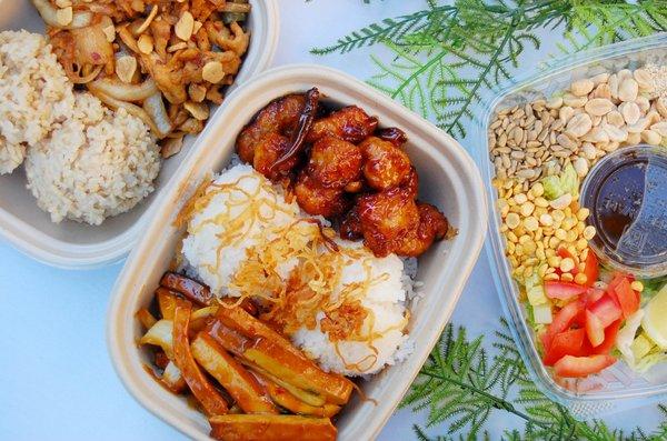 Two Dish Lunch Combo with Mango Tofu & Chicken Crisp with Coconut Rice