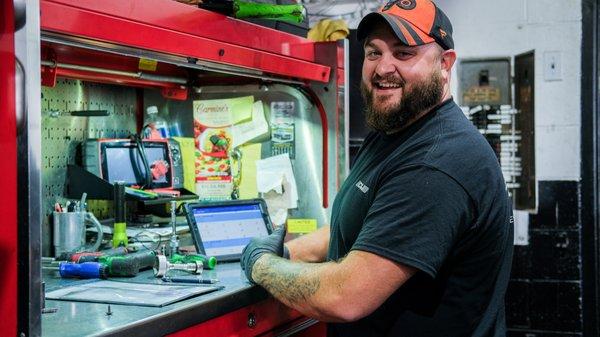 Technician Zach showing off his clean and organized tool box with only the best state-of-the-art tools for proper diagnostics and repair!