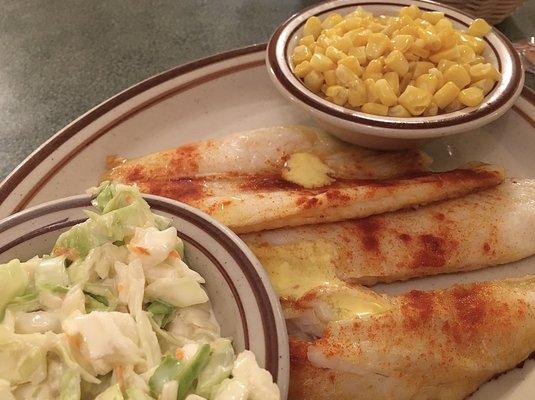 Catfish filets with coleslaw and sweet corn. Part of a large dinner meal.