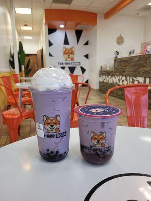 Taro shake and taro greentea with azuki beans both with boba (large and medium). Whipped cream was automatically added.