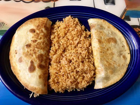 Nice golden quesadillas  2 Quesadilla w/ rice -Lunch#5 $7.75