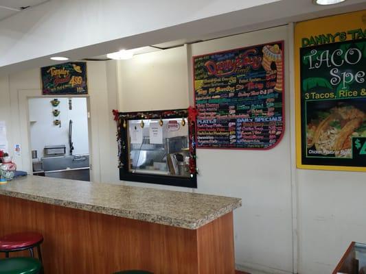 Counter where you order and view into kitchen