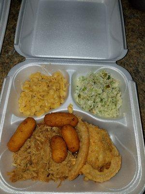 Bbq,chicken, slaw, and Mac n cheese with hushpuppies