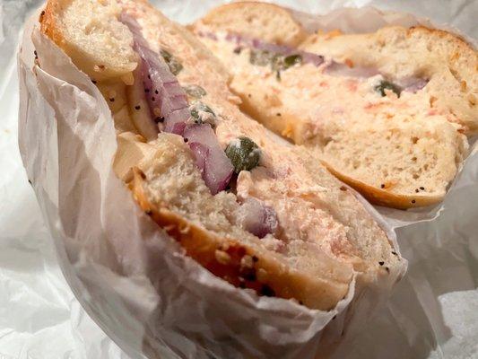 Everything bagel, Lox Spread, onions, & capers. $7 + tip