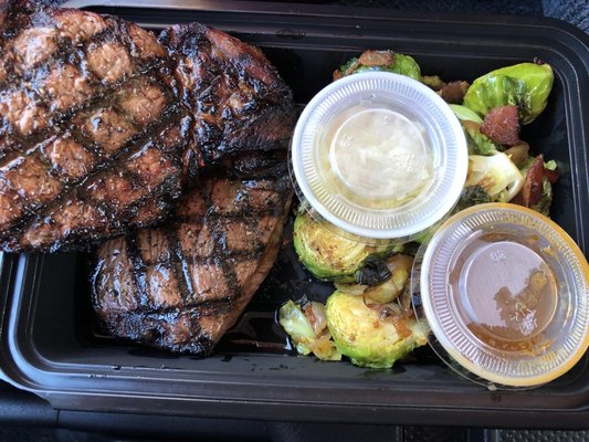 14 ounce grass fed strip steak and Brussels sprouts. To die for.