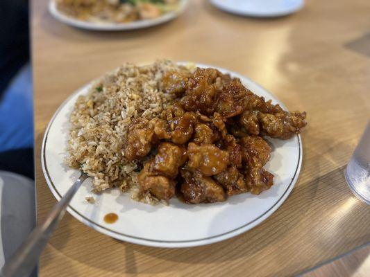 Orange chicken and fried rice.