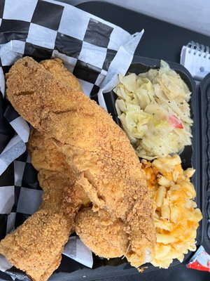 Fried Swai, mac and cheese, and fried cabbage