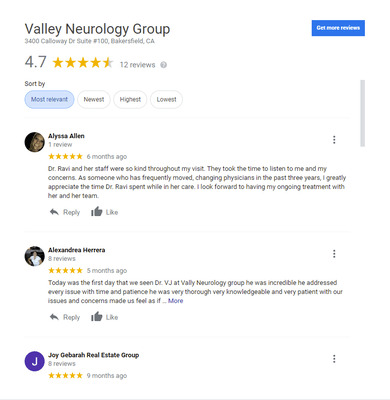 GOOGLE REVIEWS OF VALLEY NEUROLOGY GROUP-1