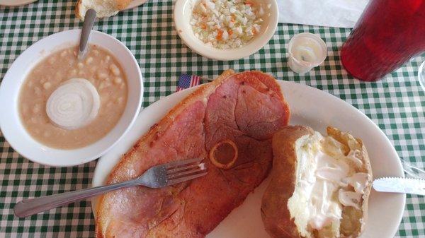 Ham dinner - the whole load. You can just see a hushpuppy poking out in the upper left corner.