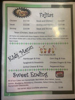 Fajitas, Kids, Sweets Menu