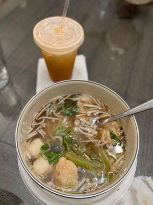 Chicken noodle soup & Thai tea with coconut milk/cream