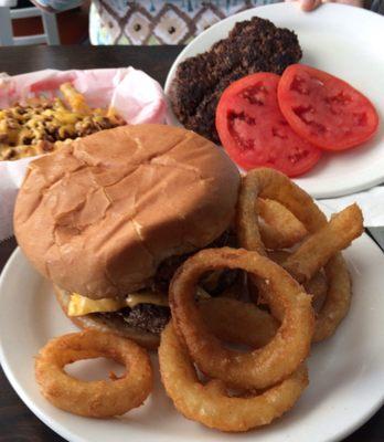 Double cheeseburger with onion rings & steakburger platter.