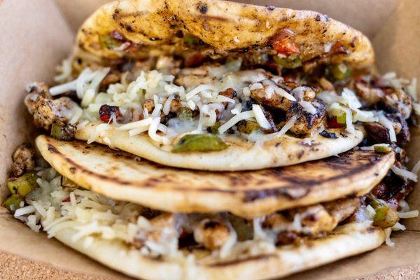 Chicken Pita Bread Tacos w/ Chipotle Queso and Sautéed Veggies