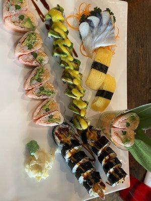 Sweetheart roll, spider man roll, makarel, tamago.