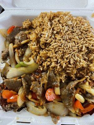 Mongolian Beef - Extra Spicy with fried rice. Dinner combination also comes with an egg roll.